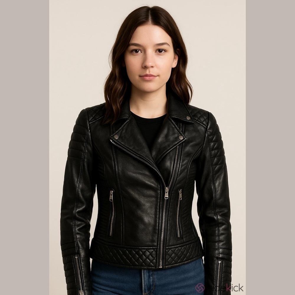Gatsbylady London Black Leather Jacket Size 4 Lamb Leather Quilted Zip Accents